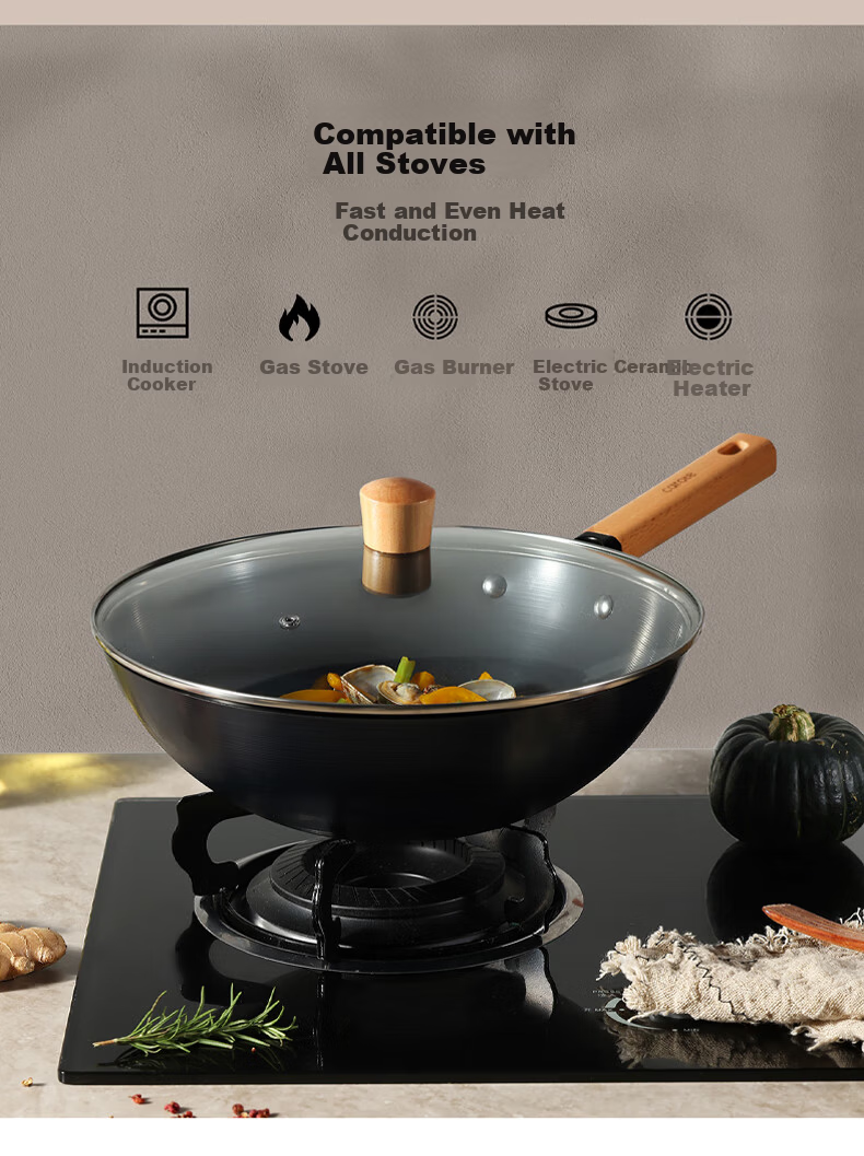Carote Iron Wok, Home Cooking Pan, Non-Coated Non-Stick Pan, Suitable for Induction And Gas Stoves, Traditional Style, 32cm with Lid 8