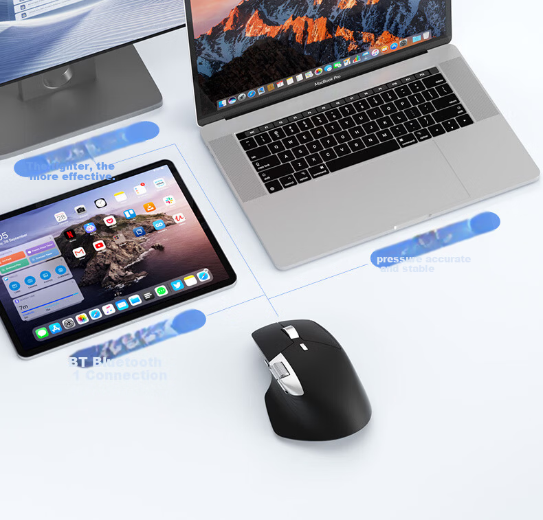 B.O.W Hangshi MD290L MAX Tri-Mode Wired Wireless Bluetooth Charging Mouse Laptop Office Ergonomic Silent Side Dual Scroll Wheel Mouse Silver Black 5