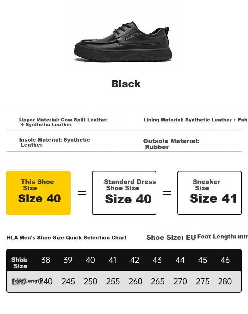 HLA Men's Comfortable Soft Sole Casual Leather Shoes HAAPXM2DAD084 Black Size 41 4