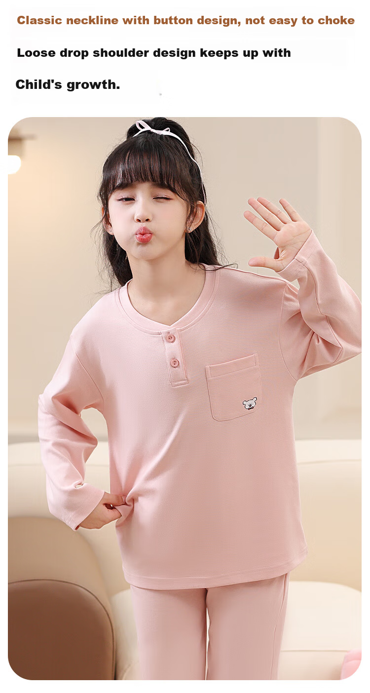 MiiOW Kids Pajamas Girls 40S Cotton 5A Antibacterial Homewear Set Half-Open Collar Long Sleeve Light Gray Green 140cm 2