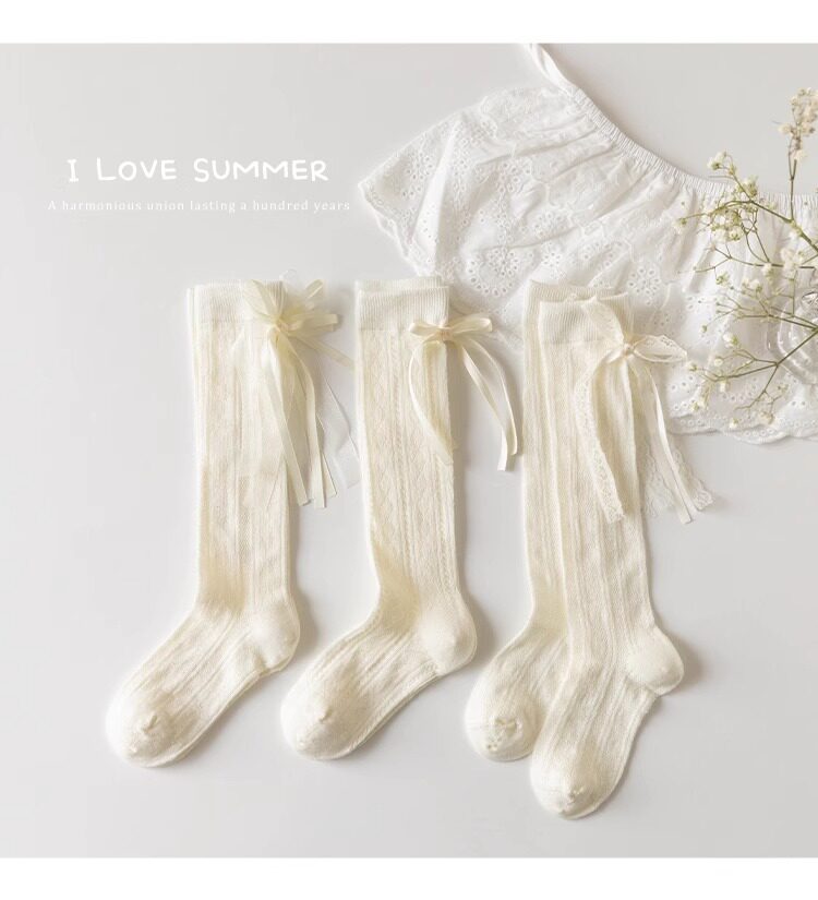 Yuzhaolin 3 Pairs Girls' Long Tube Socks Summer Thin Children's Socks Bowknot Princess Calf Socks Mid-Tube Ruffled Socks for Girls 7