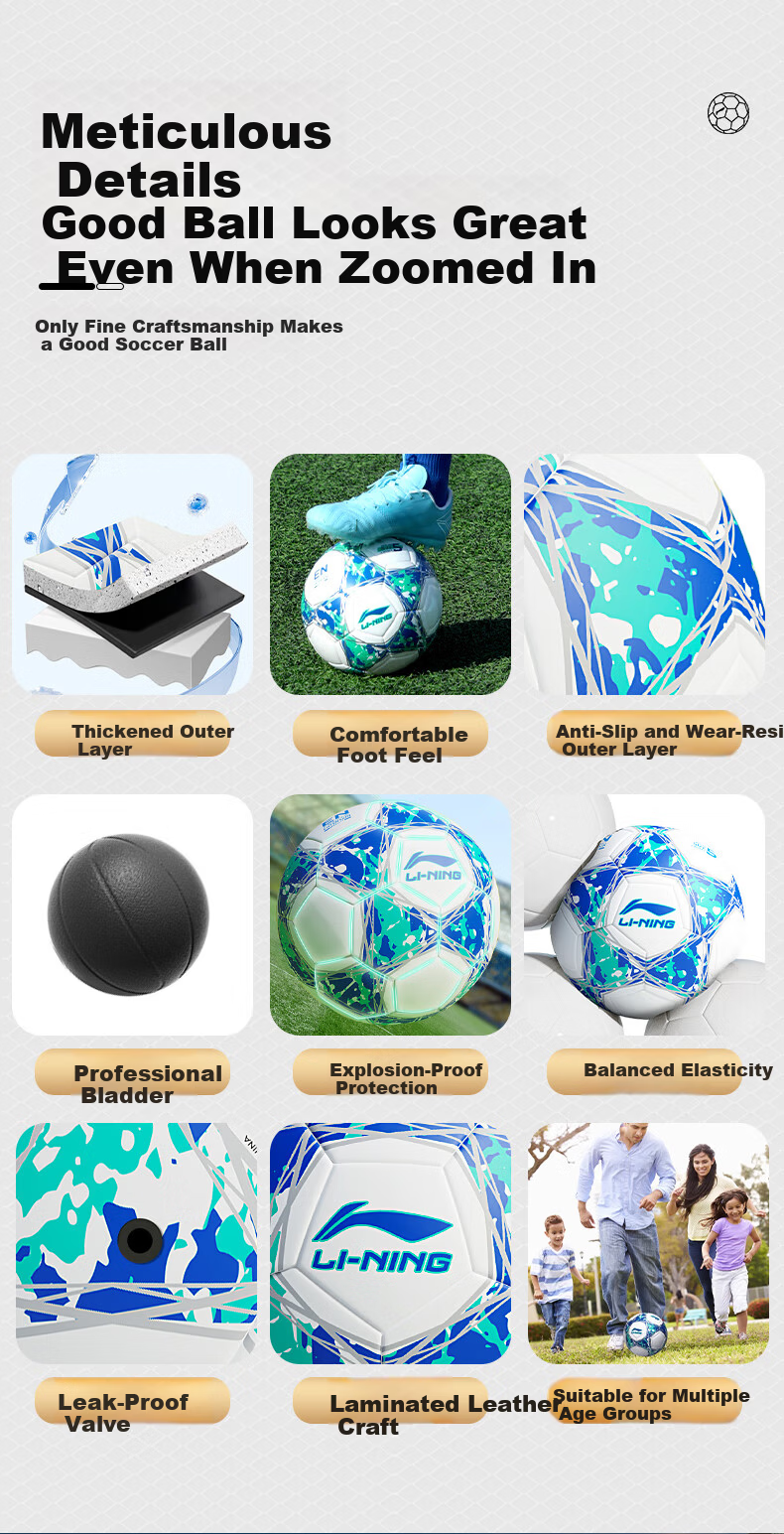Li-Ning Soccer Ball Size 5 for Adults And Teenagers, Professional Wear-Resistant High-Elasticity Ball for Middle School Students' Training And High School Entrance Exam, FIFA Certified Size 5 6