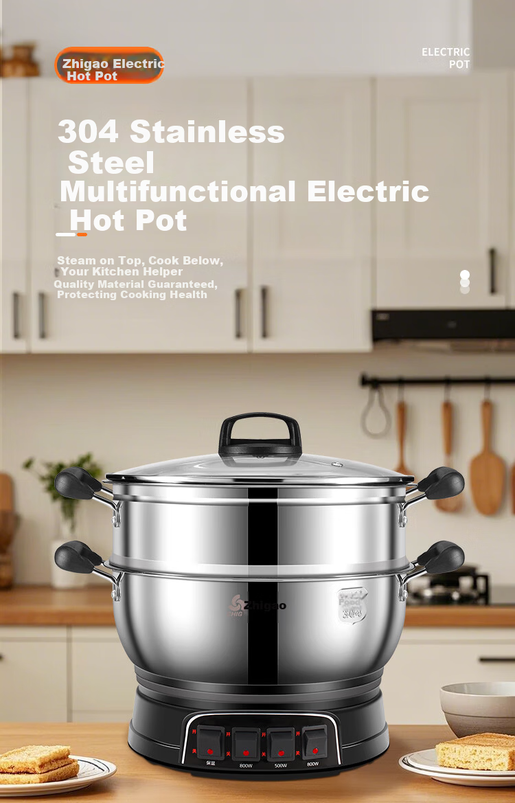 CHIGO Electric Steamer Pot [0 Coating 0 Plastic] Household Multifunctional Stew, Steam, and Cook Electric Hot Pot Stainless Steel Steamer Basket 12.5L Large Capacity Multi-Purpose Double-Layer Pot 1