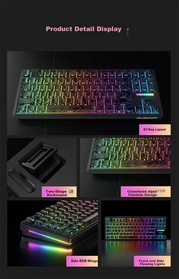 AUSDOM H87 Custom Mechanical Keyboard, Wireless Bluetooth Gasket Customization, 6-Layer Padded Side-Engraved Gaming E-Sports Office Keyboard, 10000mAh Blackberry Pink Side-Engraved Ultra-Fast Silver Switches 17