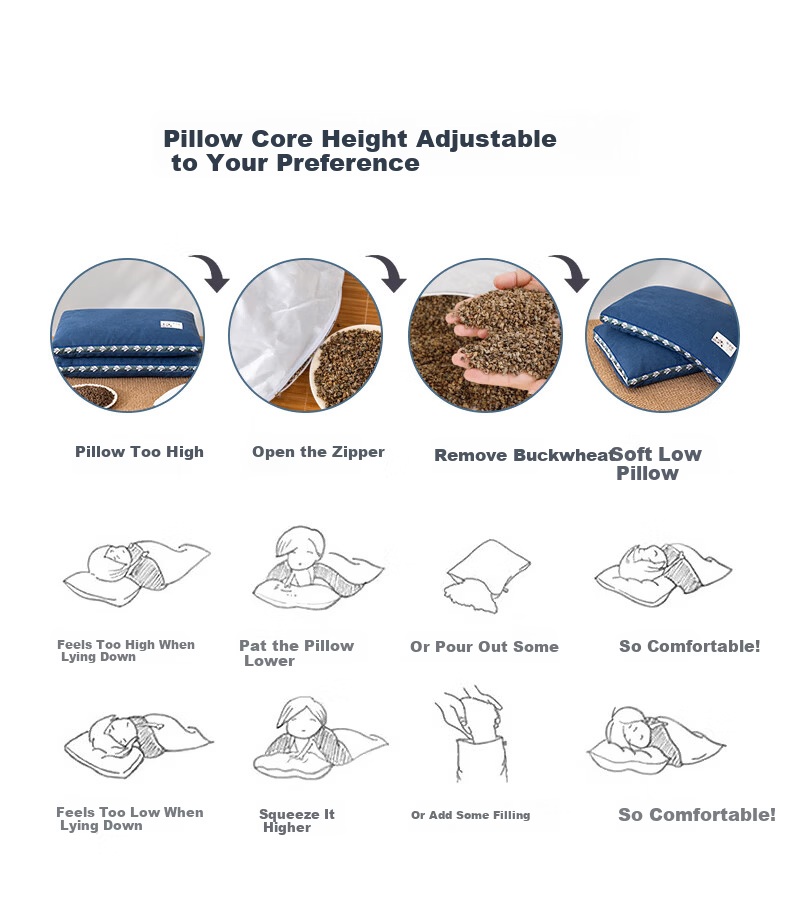 CROWN Buckwheat Pillow Pure Cotton Class A 100% Buckwheat Hull Neck Support Pillow Core for Deep Sleep Pair of 2 15