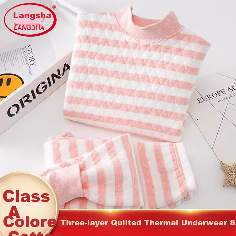 LangSha Kids Girls Cotton Thermal Underwear Set Three-Layer Thickened A-Class Cotton Mid-High Collar Warm Autumn Top and Bottom for Older Children