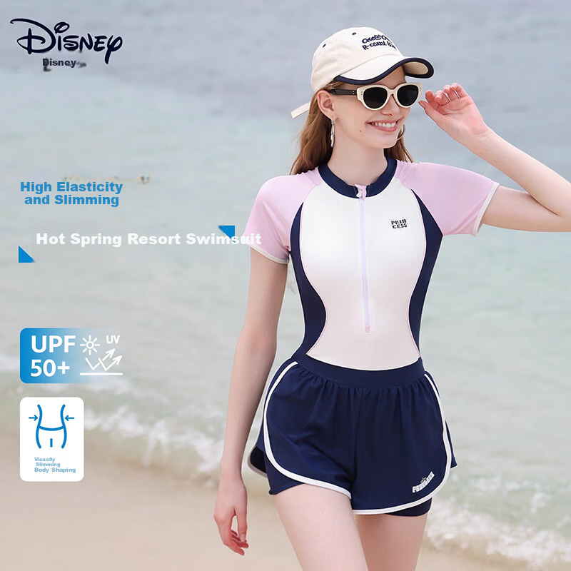 Disney Women's High-End Slimming Conservative One-Piece Swimsuit for Swimming Pool and Hot Spring D15312 Blue White XL