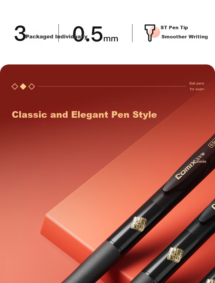 Comix Quick-Dry Click Pen ST 0.5mm Tip Student Exam Gel Pen Black 3-Pack EB29【Xideng Jinke】 3