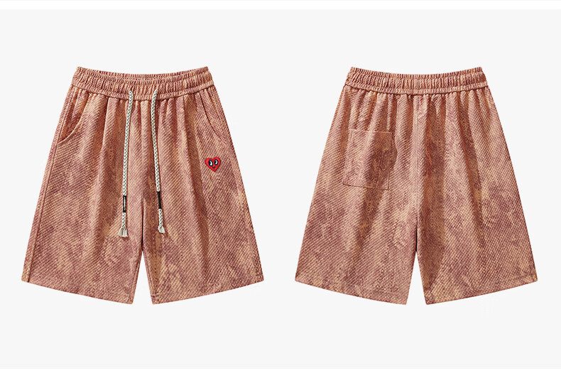 Charles Peach Heart Couple Style American High Street Tie-Dye Drawstring Design Casual Five-Point Shorts Apricot XL 15