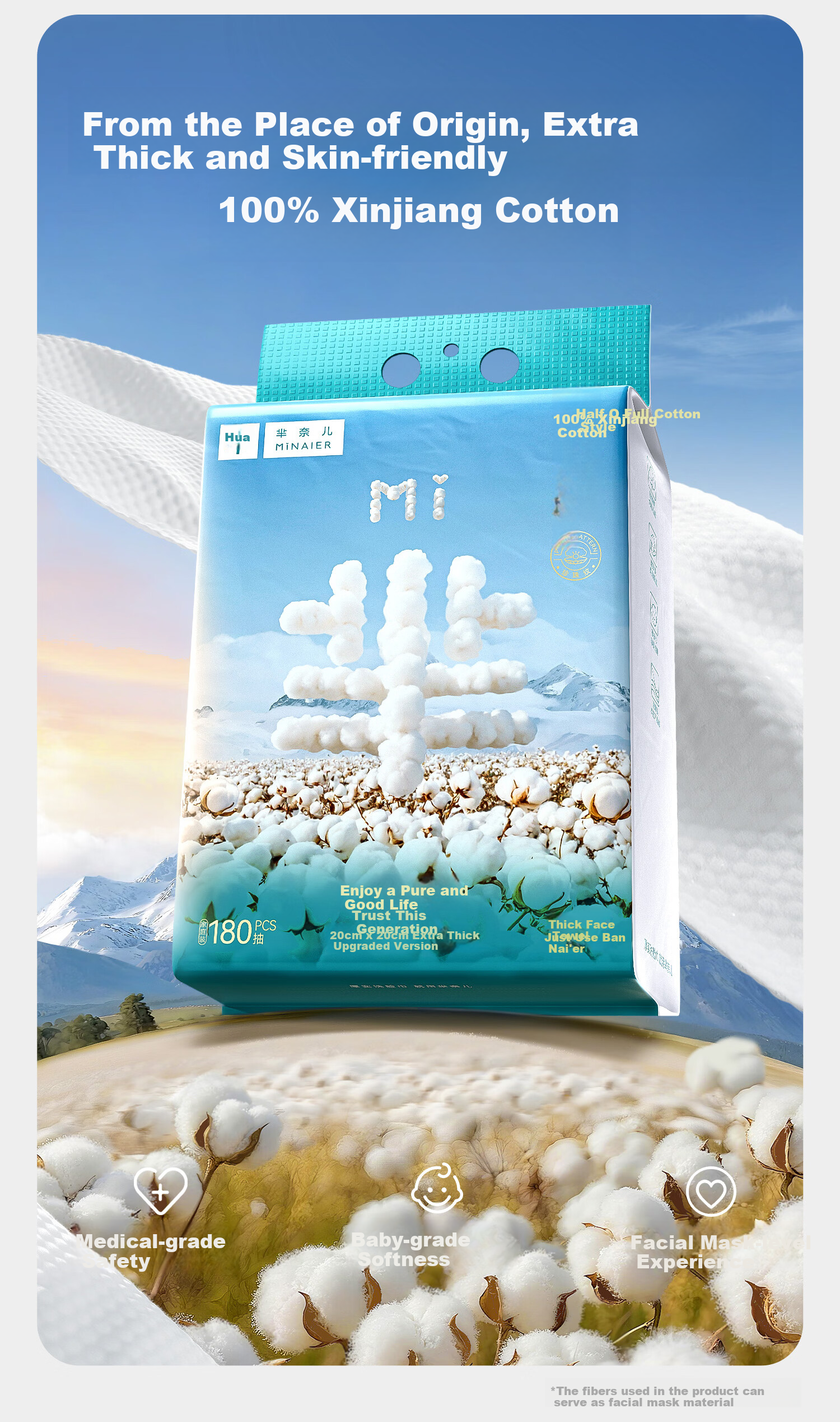 Minai'er Disposable Facial Towels Pure Cotton Cleansing Towels Dual-use Dry and Wet Soft Cotton Towels 180 Sheets 1 Pack 2