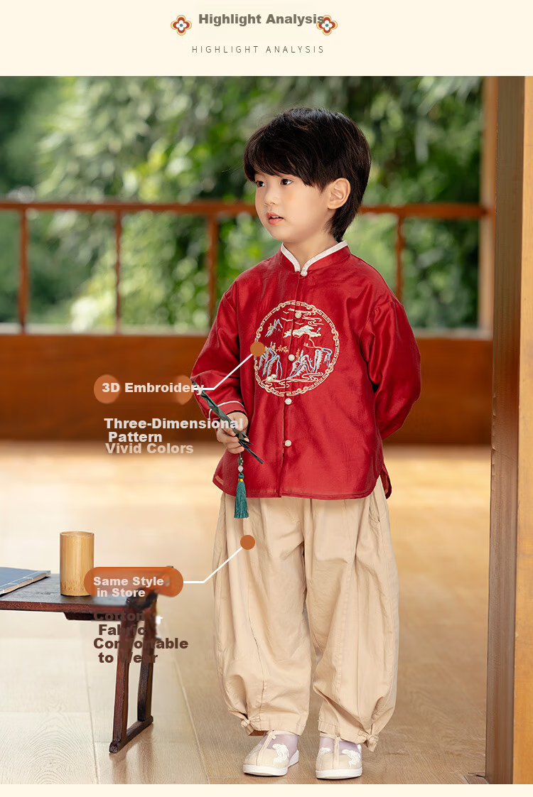 Menghu Qianshan Hanfu Boys Spring Autumn Long Sleeve Tang Suit Chinese Style Pants Set Traditional Red Top Size 90 3