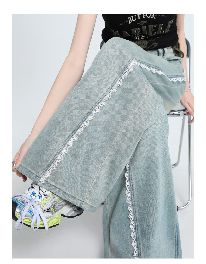 Jeanswest Women's Jeans 2026 Summer Retro Washed Light Lace Trim High Waist Washed Wide Leg Pants Light Blue M 13