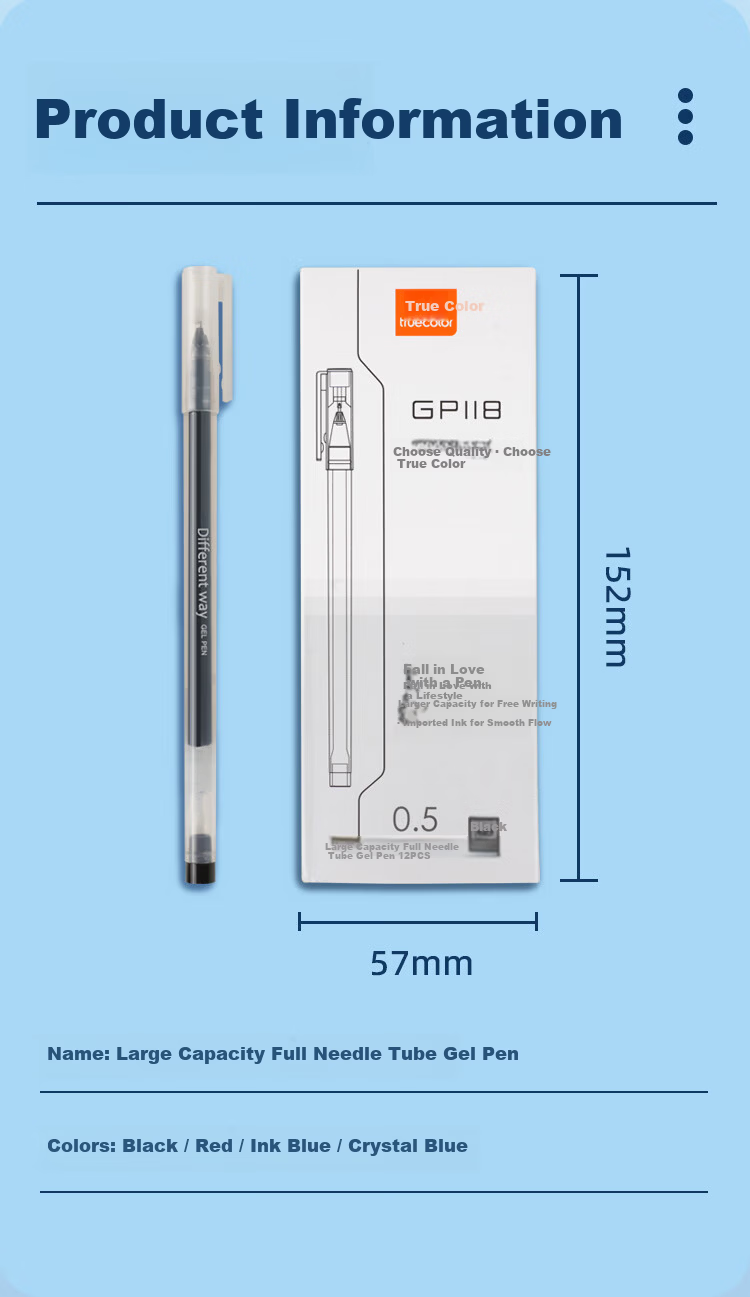 TRUECOLOR Direct Ink Neutral Pen Black 0.5mm Full Needle Tube Large Capacity Business Office Ballpoint Pen Student Stationery Brush Pen 12pcs/Box GP118 5