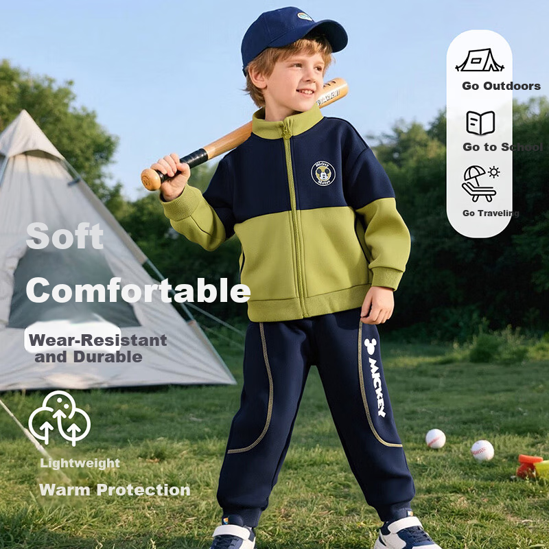 Disney Kids Spring and Autumn New Boys Cartoon Fashion Casual Comfortable Warm Jacket Set Retro Green 100