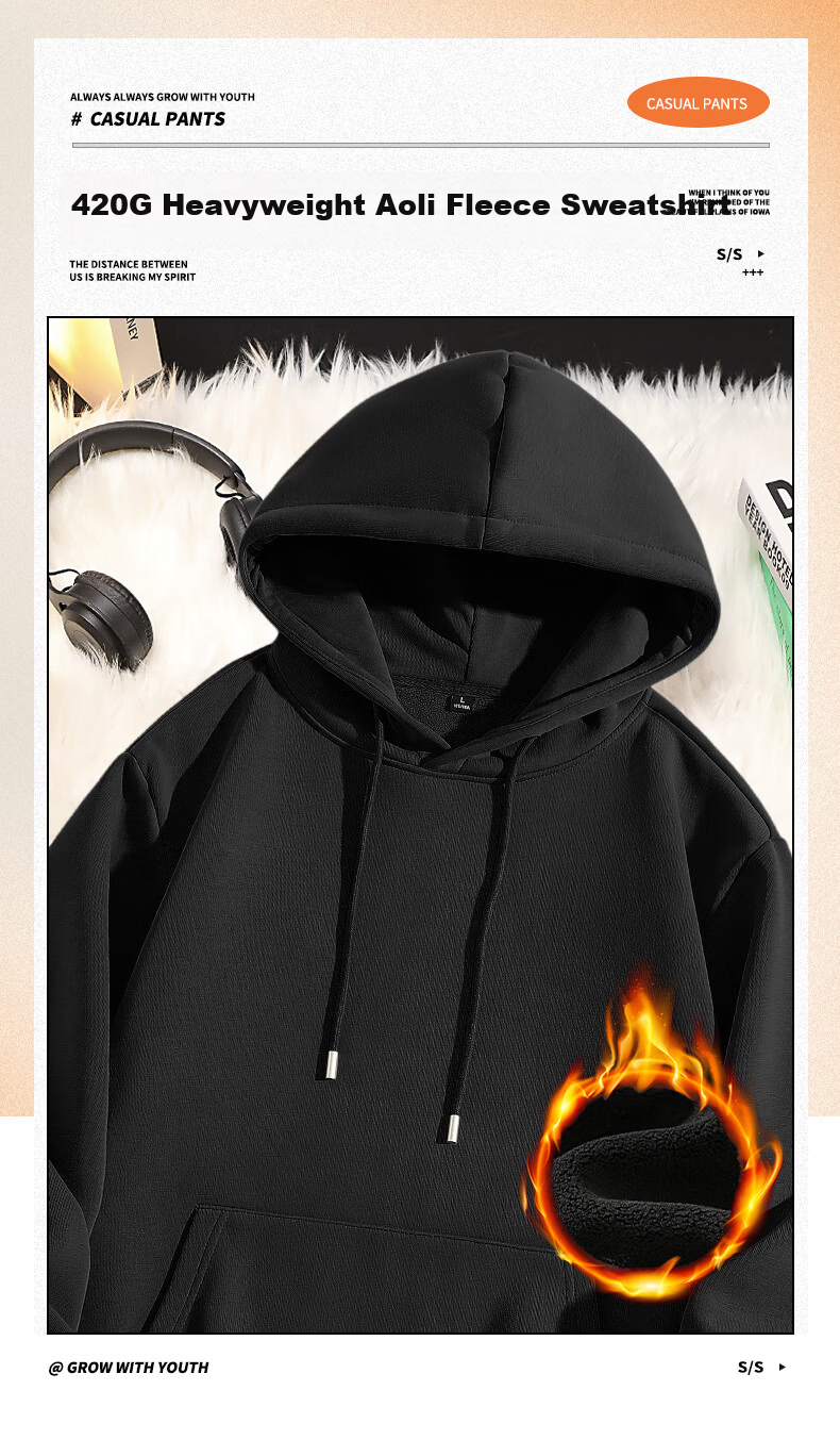 JEANSWEST LIFE Men's Autumn Winter Fleece-Lined Hooded Sweatshirt Loose Thick Warm Hoodie Men's Jacket 4