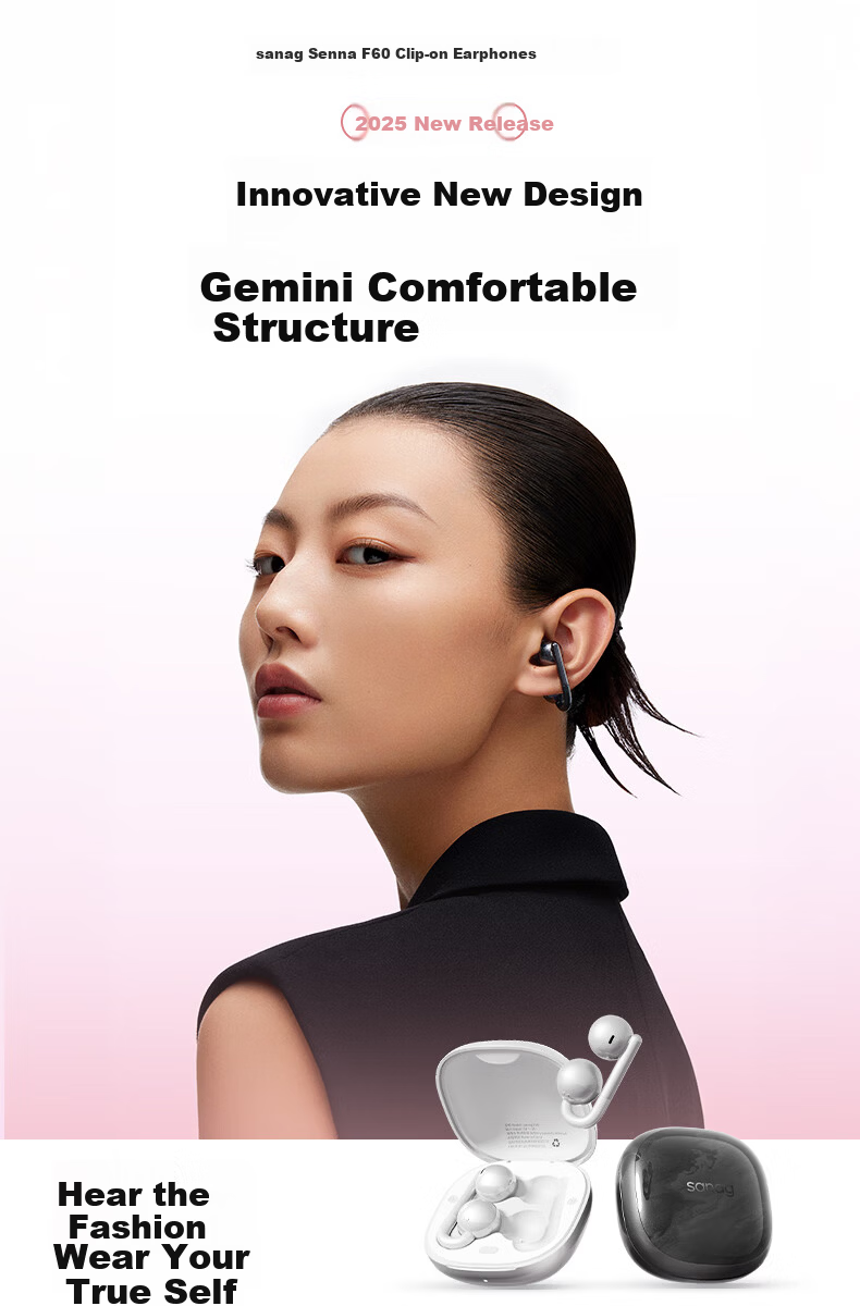 SANAG Sena F60 Bluetooth Earphones Clip-On Wireless Open-Ear Sports Noise-Cancelling Ear-Hook for Apple iPhone Pearl White 1