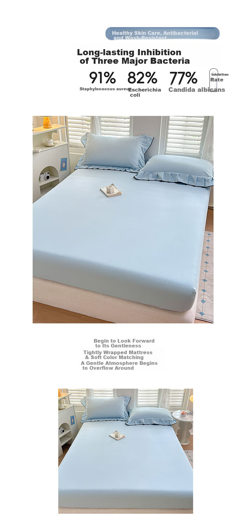Grace A-Class 100% Cotton Washed Cotton 7A Antibacterial Breathable Fitted Sheet Mattress Cover 150*200cm Glacier Blue 3