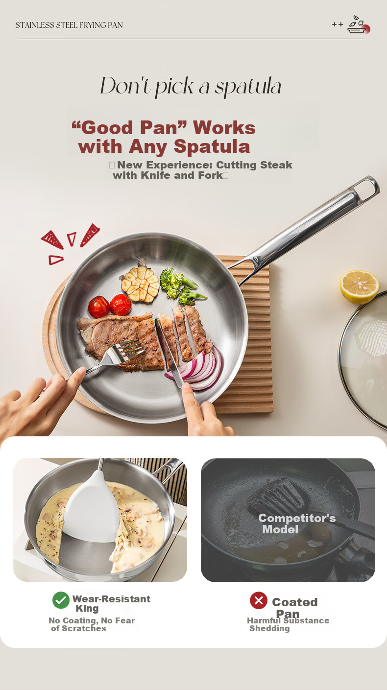 Shuangqi Non-Stick Frying Pan 0 Coating 316L Steel Induction Gas Universal 28cm 8