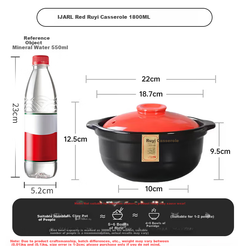 IJARL Ceramic Casserole Pot 1.8L Small Stew Pot for Home Claypot Rice Soup Herbal Medicine Fireproof Health Cooking Pot Ruyi Pot