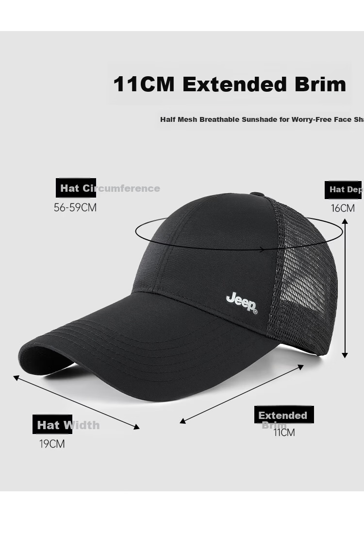 JEEP Men's Summer Quick-Dry Extended Brim Baseball Cap Women's Water-Repellent Duckbill Breathable Mesh Sunshade Hat 3