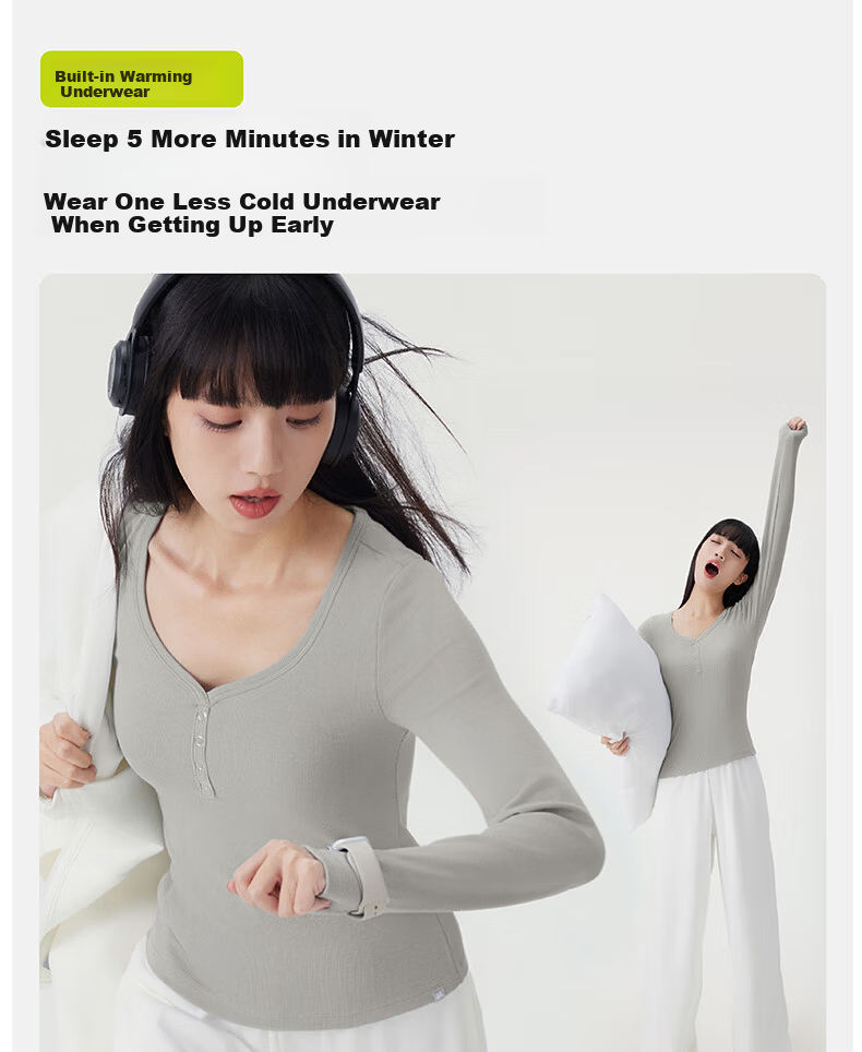Half-Lined Thermal Base Layer with Chest Pad, Warm Innerwear, Long Sleeve U-Neck T-Shirt for Women, Spring Autumn Winter, No Bra Needed 6