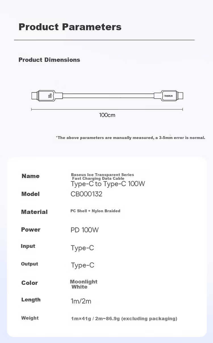 Baseus Dual-Head Type-C Data Cable PD 100W/88W Super Fast Charging CtoC for Huawei Honor Xiaomi Apple iPad Laptop Phone 1m White 11