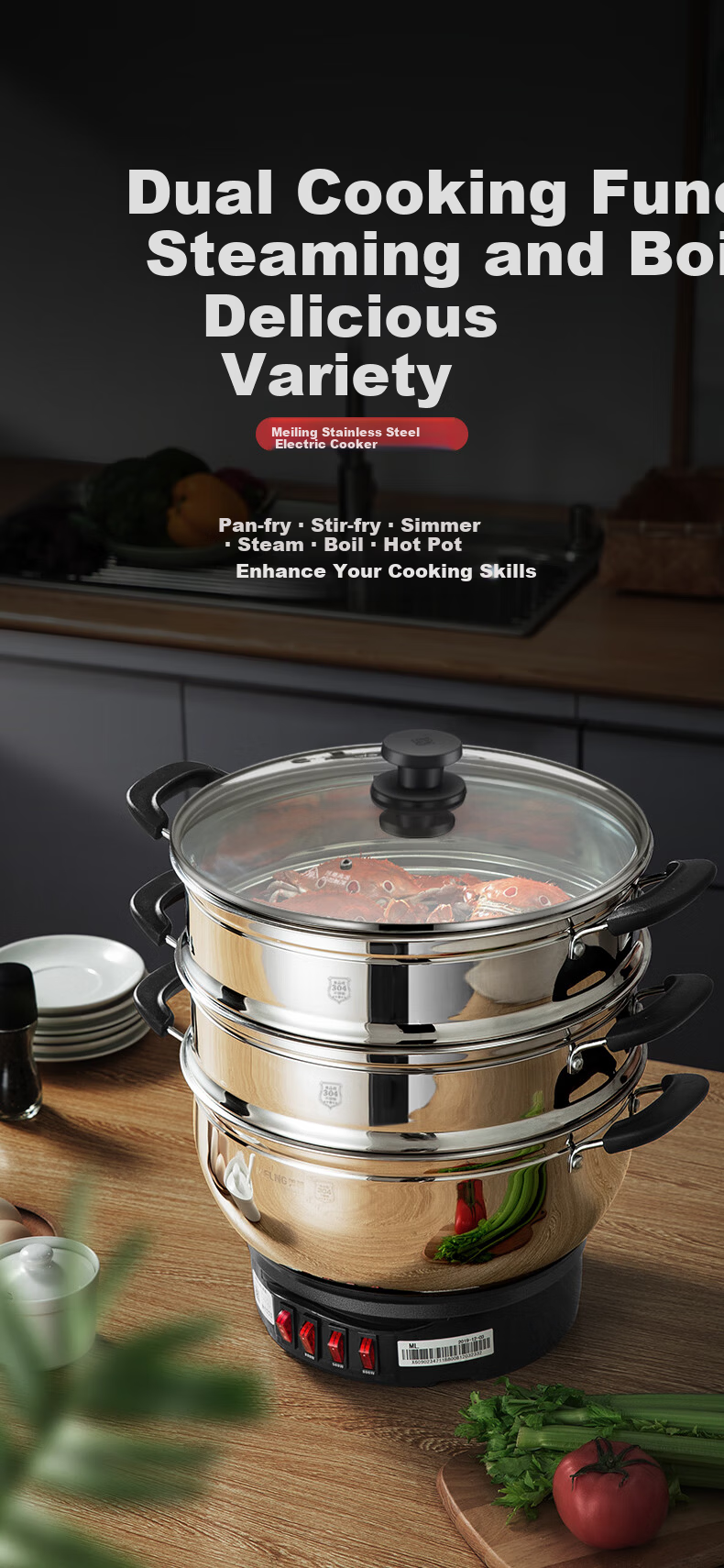 MeiLing Electric Frying Pan New Generation 304 Stainless Steel Electric Steamer Electric Cooker Multi-Functional Non-Stick Electric Pot Steamer Basket Multi-Purpose Electric Hot Pot Stir-Fry Pan 1