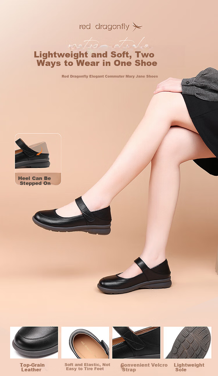 Red Dragonfly Women's New Magic Tape Fashion Mary Jane Shoes Versatile Lightweight Low-Cut Flats WTB354081 Black Size 37 1