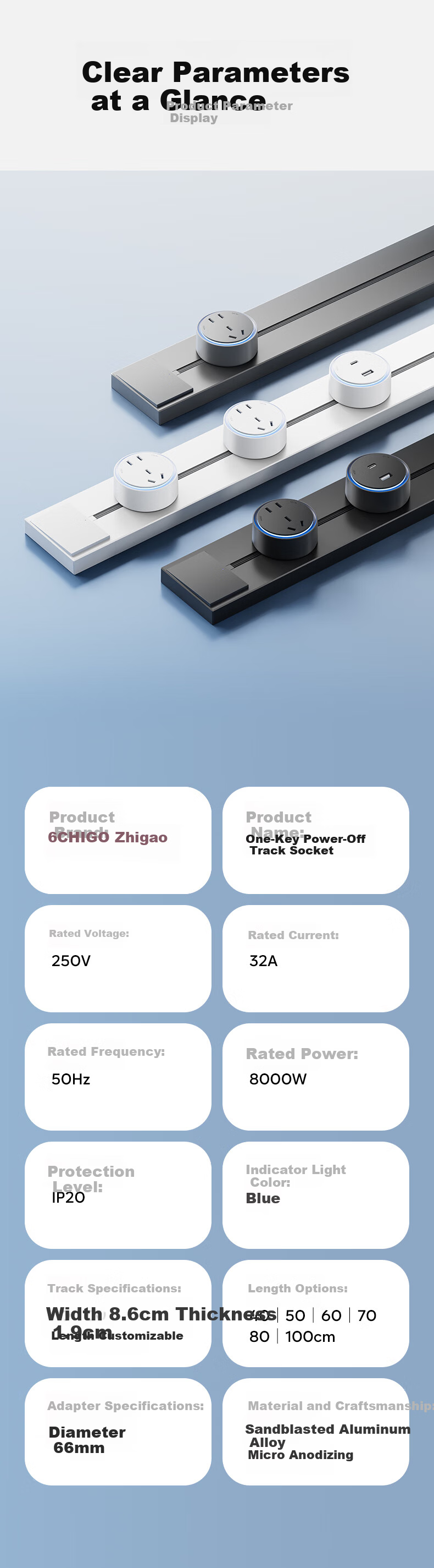 CHIGO Track Socket with Switch Master Control Ultra-thin High Power Wall-mounted Rail Socket Surface-mounted Movable Kitchen Slide Rail Socket 50cm + 3 Black Five-hole Outlets 15