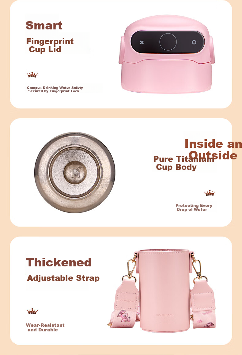 BVGMAV Pure Titanium Children's Insulated Bottle Smart Fingerprint Unlock Water Bottle Antibacterial Straw Cup for Boys and Girls Students Outdoor Portable 29