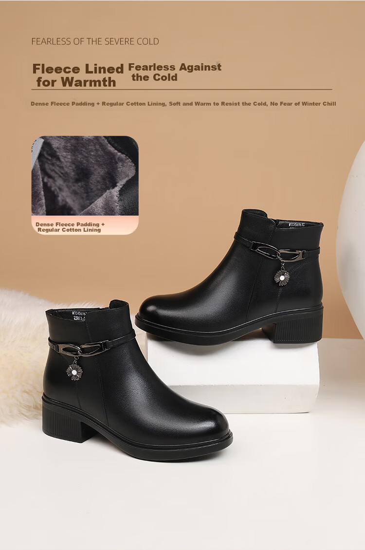 Red Dragonfly Women's Genuine Leather Short Boots Autumn Winter Fleece Lined Warm Thick Sole Chunky Heel Slim Boots WTC456961C Black Size 37 3