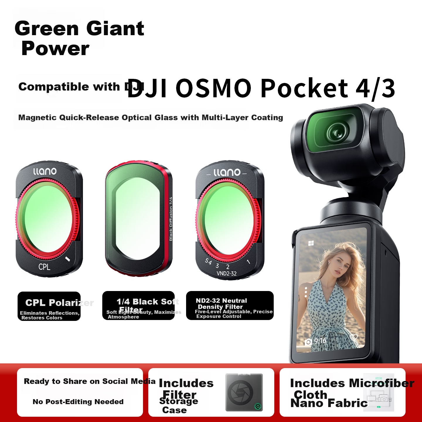 Llano DJI Pocket 4/3 Filter Set Black Soft 1/4 Adjustable ND Neutral Density CPL Polarizing Lens Pocket Gimbal Camera Accessories Magnetic Protective Soft Light Filter