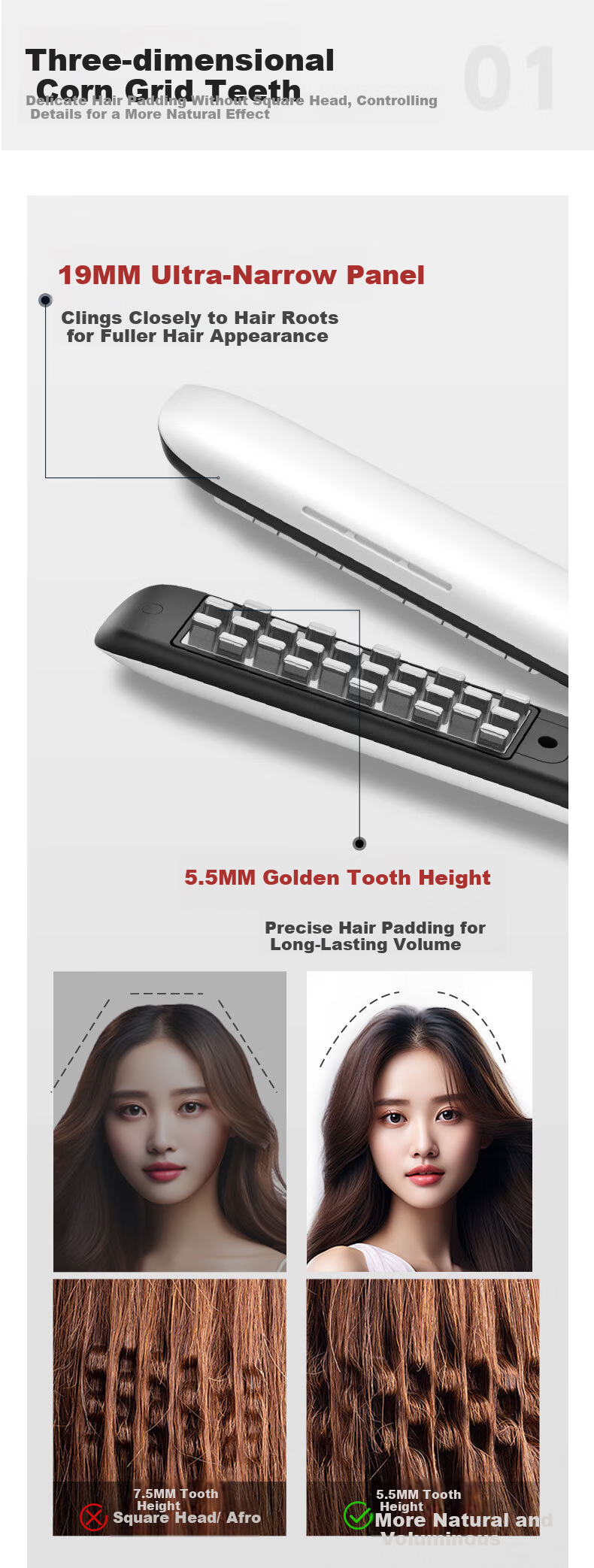 MinHuang Corn Hair Crimper High Crown Tool Corn Perm Crimper Root Padding Corn Mustache Crimper Foil Perm Negative Ion Unisex Corn Crimper XN-835-1 6