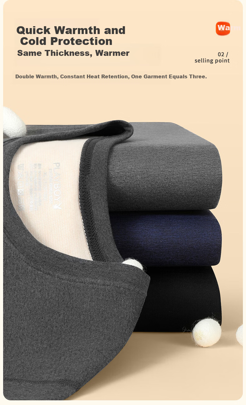 PLAYBOY Men's Thermal Underwear Set, Autumn Warm Base Layer, Brushed Cashmere Patchwork with Mulberry Silk, 10A Antibacterial And Anti-Mite Protection for Fall 6