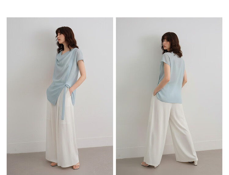 Demana [Translucent Aesthetics] Summer Draped Collar Adjustable Strap Shoulder Short Sleeve Lightweight Loose Slimming Women's Shirt 11