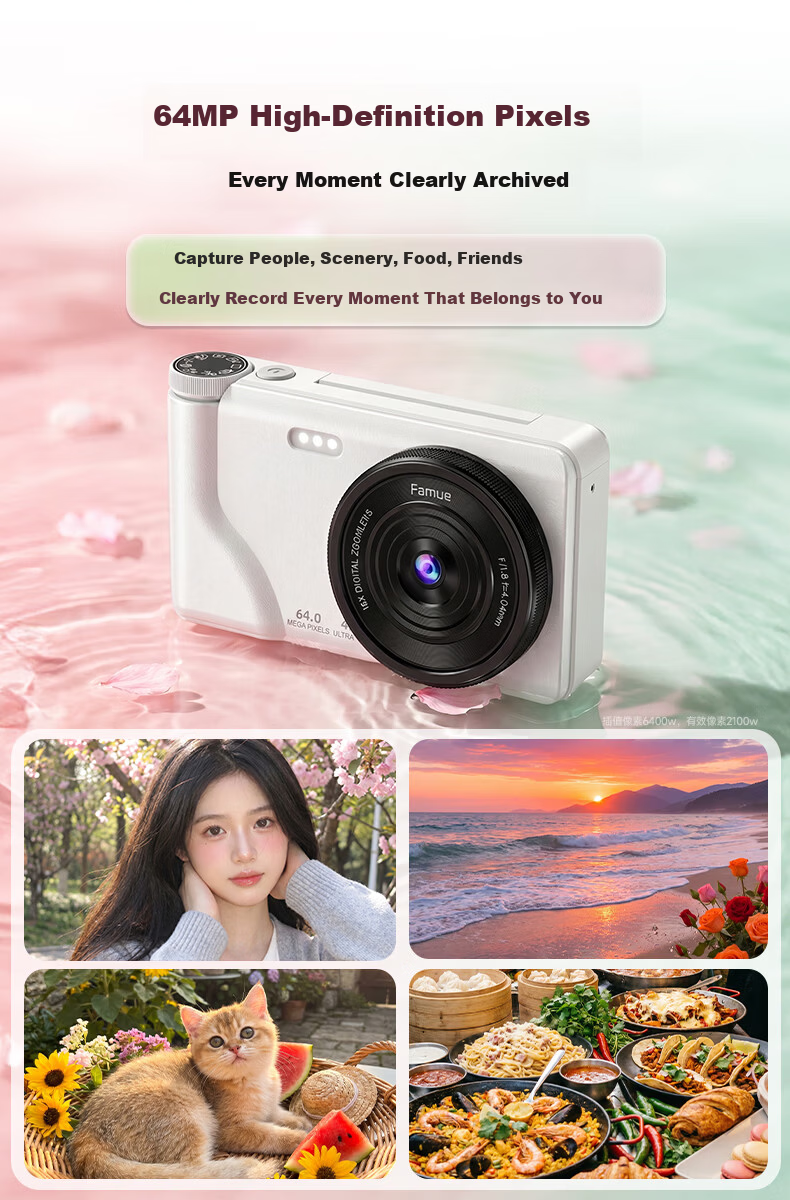 FAMUE HD CCD Digital Camera Student Retro Beauty Card Camera Girls Flip Screen Selfie Campus Travel Vlog Entry-Level Camera Birthday Gift 64G White 4