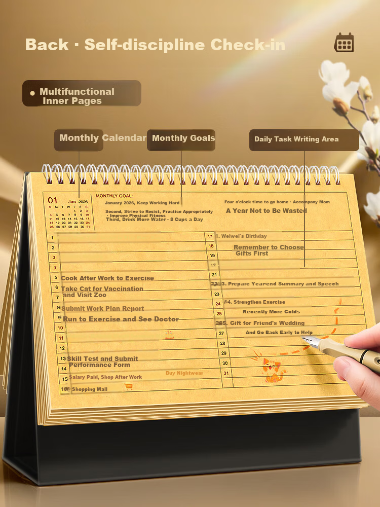 Gold Value 2026 Calendar Large Year of the Horse Office Desk Calendar Notebook Large Grid Annual Monthly Weekly Desktop Planner Self-Discipline Punch Card Black Gold Edition 2
