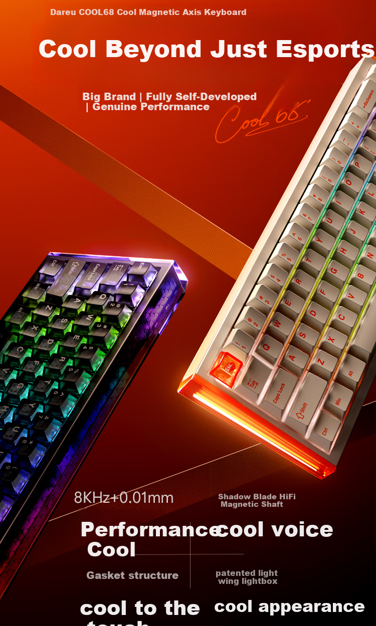DAREU COOL68 Magnetic Switch Keyboard RT Gaming Mechanical Keyboard 8K Polling Rate Hot-Swappable RGB Dual-Drive Lightbox Valorant 68-Key Layout COOL68 Berry Red 3