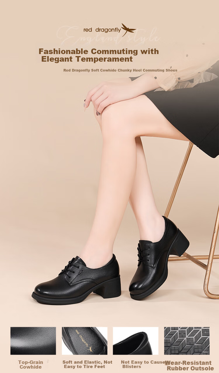 Red Dragonfly Women's Autumn Leather Breathable Work Lace-up Commuting Flats WTB352211 Black Size 39 1