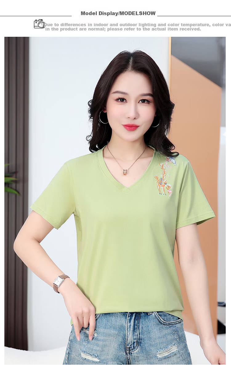 TUCANO Women's Short Sleeve T-Shirt Cotton Embroidered V-Neck Slim Fit Casual Plus Size Summer Top Green L 10