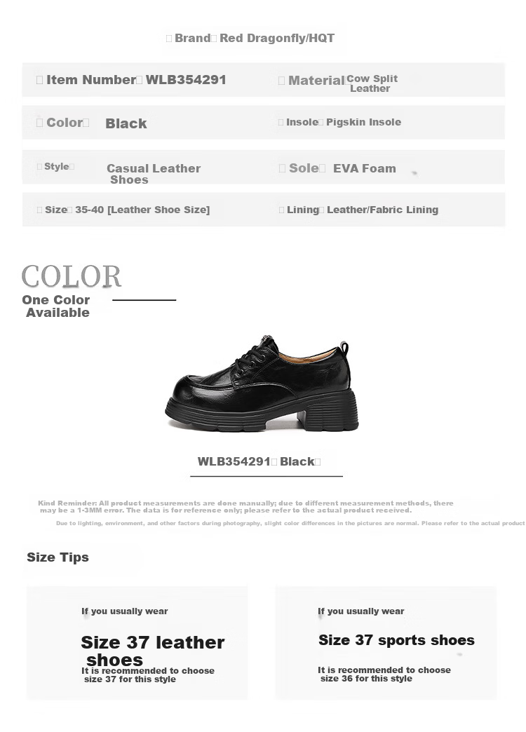 Red Dragonfly Women's Leather Shoes British Style Fashion Chunky Heel Commuter Loafers Soft Sole Lightweight WLB354291 Black Size 37 9