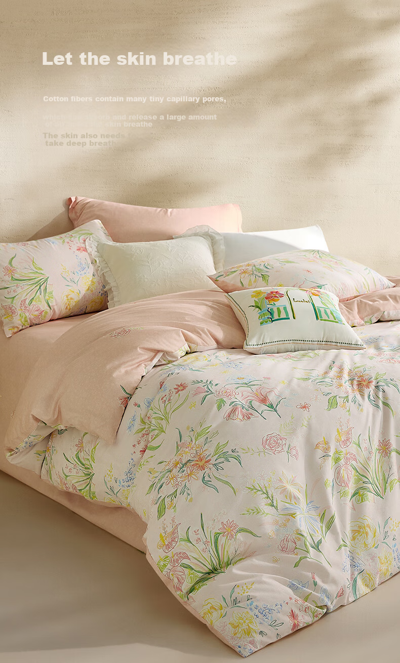 Luolai Home Textiles Pure Cotton Four-Piece Bedding Set Dream Collection Pink 220x250cm 2