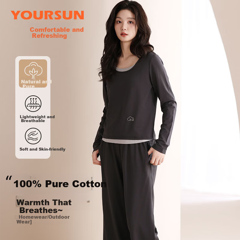 Yiershuang 100% Cotton Women's Sleepwear Spring Autumn Long Sleeve Round Neck Two-Piece Set Loose Homewear Suitable for Outdoor Wear