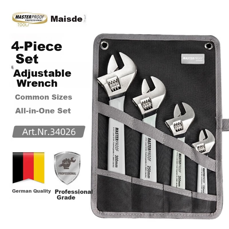 MASTERPROOF Adjustable Wrench 4-Piece Set with Bag, Large Opening Wrench, Quick Wrench, Auto Repair Wrenches 4-Piece Set