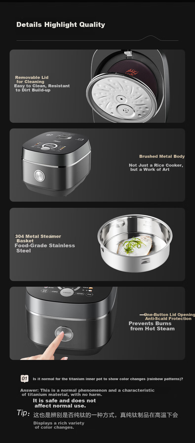 ASD 4L Rice Cooker for 4-5 People, Pure Titanium 0-Coating Spherical Inner Pot, Grade 1 Energy Efficiency, Low Sugar Rice Cooker, High-End IH 3D Heating Multifunctional Rice Cooker with Smart Color Sc 9