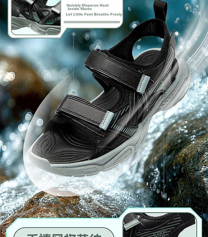 361° Kids Summer Sandals 26 Boys Girls Breathable Soft Cushioning Sports Sandals Black Size 38 7