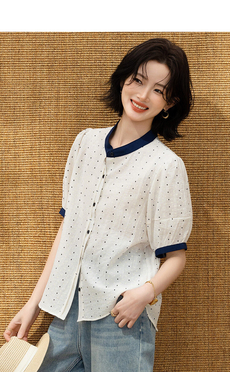Demana Oxygen Linen Summer Fresh Plaid Color-Block Stand Collar Short Sleeve Loose Slim Women's Shirt 3
