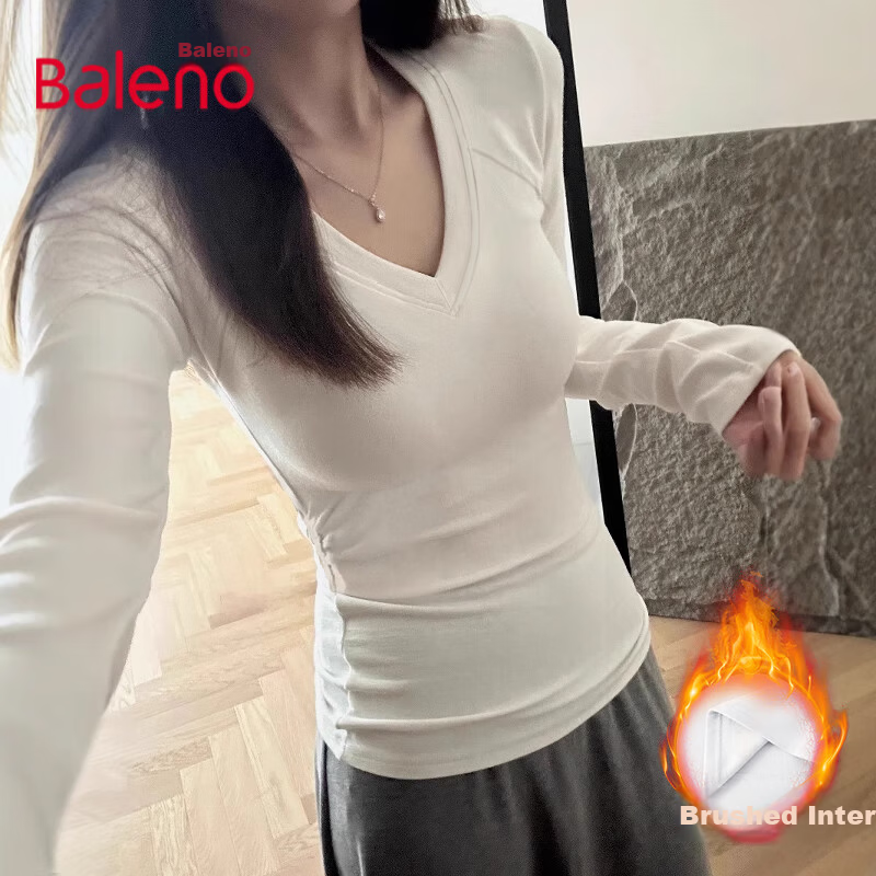 Baleno V-Neck Slim Fit Pleated Long Sleeve T-Shirt for Women 2026 Autumn Winter New Soft Comfortable Brushed Warm Base Layer
