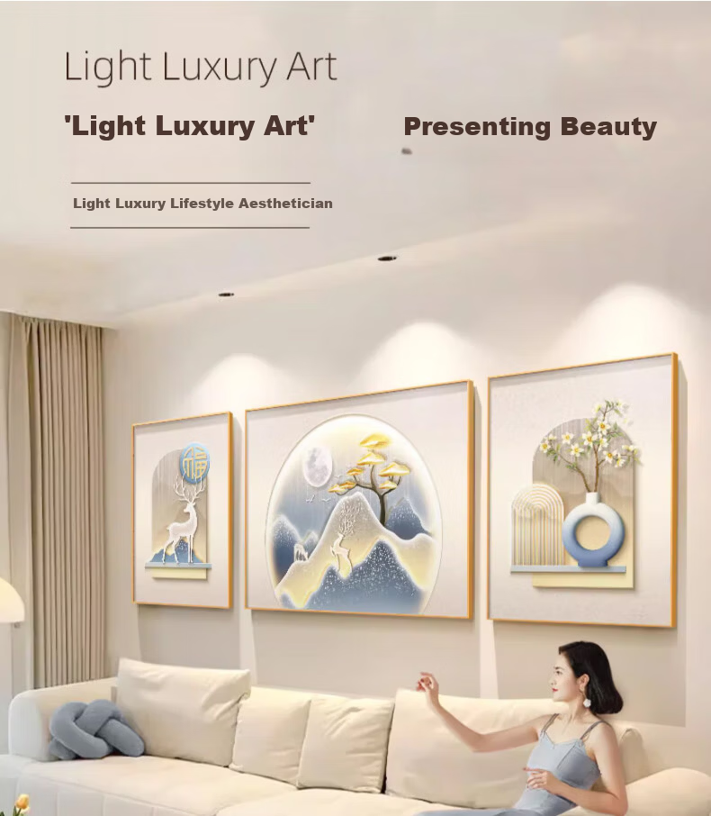 Mao Jiu Jiang Cream Style Furui Continuous Living Room Decorative Painting High-End Sofa Background Wall Hanging Triptych Wall Art 1