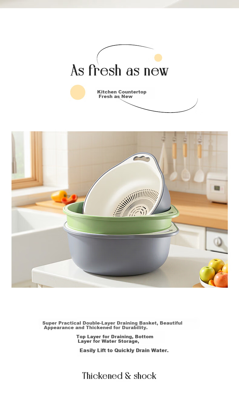 Baicaoyuan Double-Layer Colander Basket, Fruit Hollow Drainer, Large Kitchen Sink Strainer for Home Vegetable Washing And Side Dish Preparatio 2